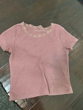 Aeropostale Lace-Trim Ribbed Tee - Mauve